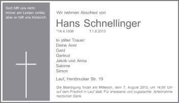 Traueranzeige von Hans Schnellinger von Pegnitz-Zeitung